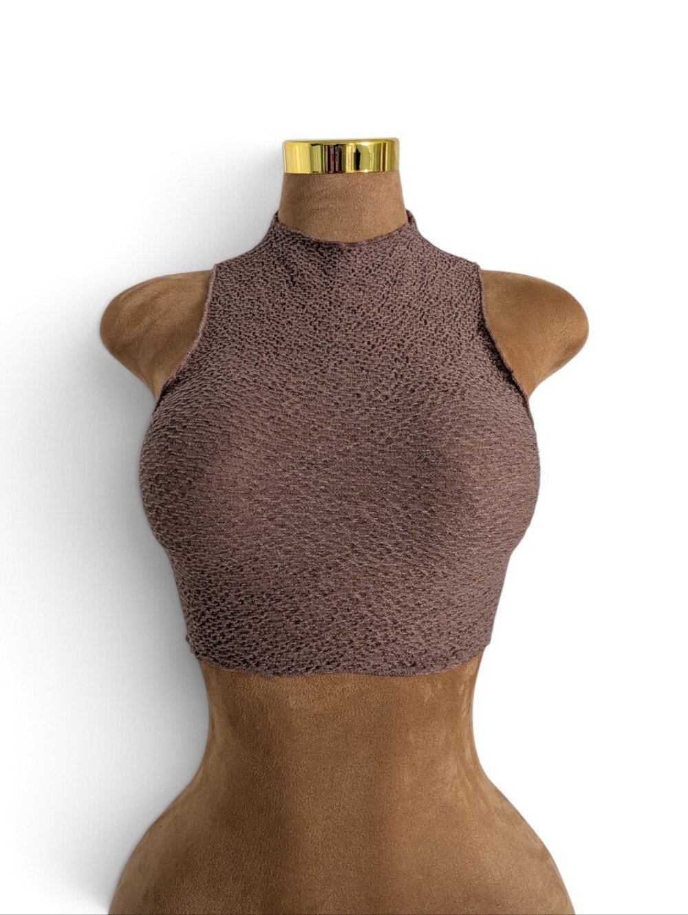 Naked Wardrobe Brown Mock Neck Textured Crop Top